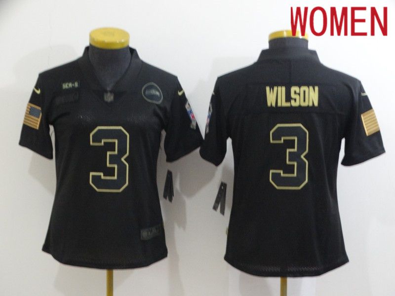 Women Seattle Seahawks #3 Wilson Black Retro Gold Lettering 2020 Nike NFL Jersey->women nfl jersey->Women Jersey